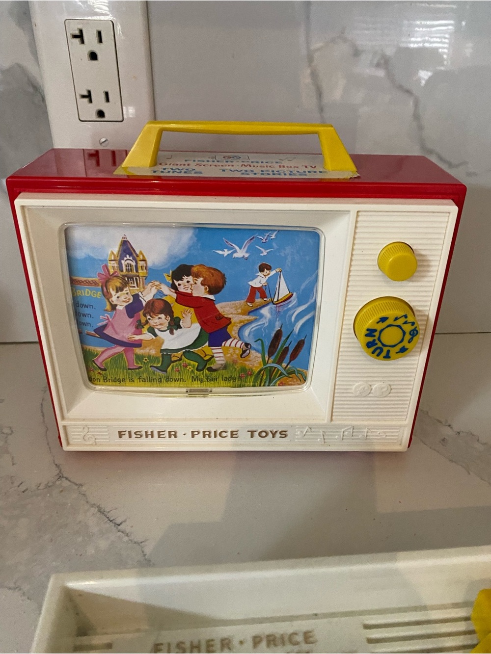 Fisher-Price Red, White and Yellow Vintage Toy TV with Illustrated Screen